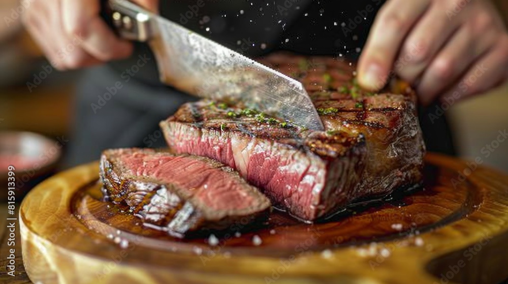 A steakhouse chef slicing a prime ribeye steak, revealing its tender and succulent texture.