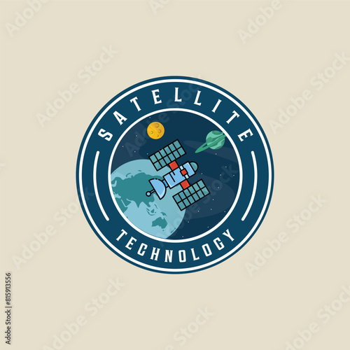 satellite at outer space emblem logo vector illustration template icon graphic design. aerospace sign or symbol for astronomy concept with circle badge typography style