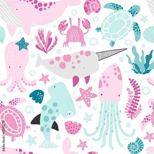 Vector cute seamless pattern with sea creatures  shells and seaweed. Whale  octopus  narwhal  crab  turtle  hammerhead shark. Creative kids texture for fabric  wrapping  textile  wallpaper. Nursery.
