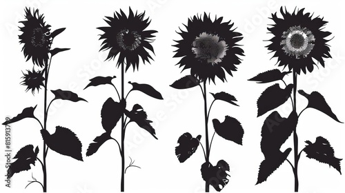 Set of sunflower illustrations in black silhouettes
