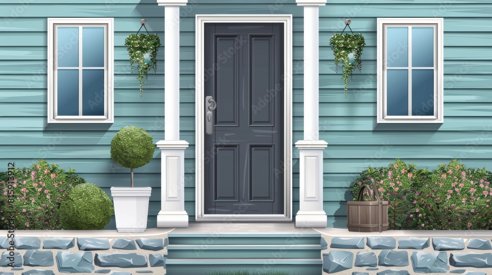 A modern realistic illustration of a home facade showing a gray door and window, siding wall, steps, and a front porch. Entrance to a suburban apartment complex. A modern realistic illustration of a home facade showing a gray door and window, siding wall, steps, and a front porch. Entrance to a suburban apartment complex.