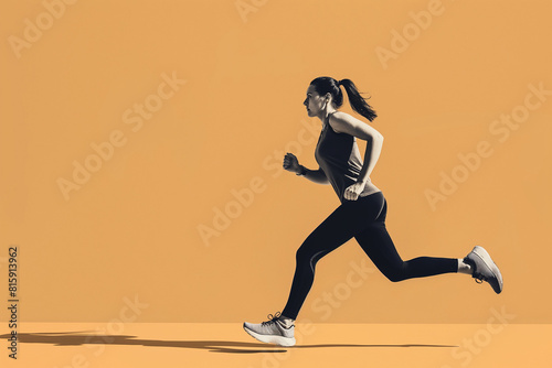 A captivating full-body shot of an athletic woman in black and white leggings  running against the backdrop of a vibrant light yellow background
