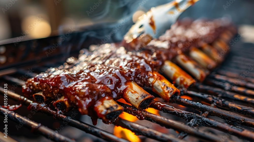 A succulent rack of pork ribs being basted with BBQ sauce on a smoking grill, evoking the aroma of outdoor cooking. A succulent rack of pork ribs being basted with BBQ sauce on a smoking grill, evoking the aroma of outdoor cooking.