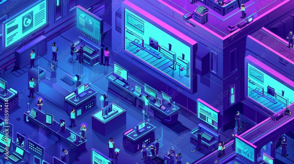 HRIS isometric landing page. IT and HR technologies, people at multiple screens, with software for employee management and storing data. 3d modern line art web banner. HRIS isometric landing page. IT and HR technologies, people at multiple screens, with software for employee management and storing data. 3d modern line art web banner.