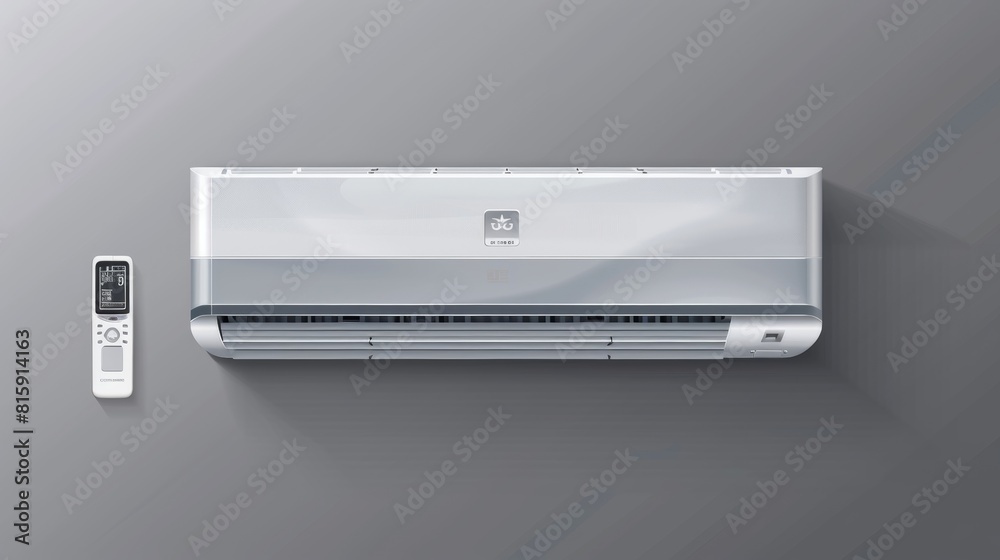Air conditioner with cold wind flow and remote control. Modern realistic mockup of split system for home or office climate control. White air conditioner on a gray background. Air conditioner with cold wind flow and remote control. Modern realistic mockup of split system for home or office climate control. White air conditioner on a gray background.
