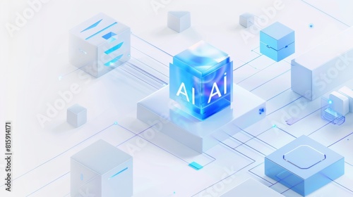 On a white background, with a blue and grey color theme featuring isometric abstract tech elements