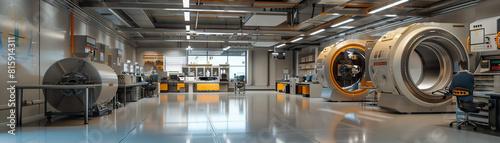 Aerospace Engineering Lab Floor: Featuring wind tunnels,  CAD workstations, prototype aircraft parts, and engineers testing aerospace technologies photo
