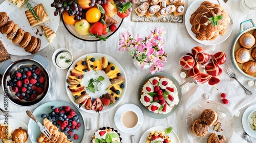 A topdown view of a beautifully arranged brunch table with a variety of delicious dishes, vibrant fruits, pastries, and a cup of coffee, bright and inviting