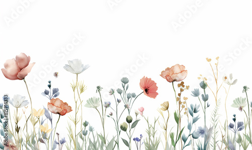 Watercolor wildflower border, pastel colors, simple design, white background, minimalistic, in the style of simple