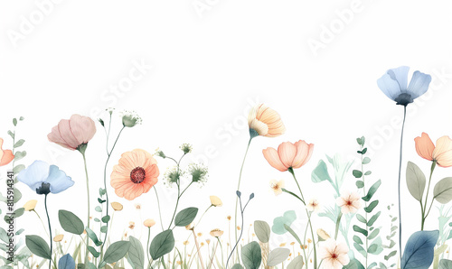 Watercolor wildflower border  pastel colors  simple design  white background  minimalistic  in the style of simple