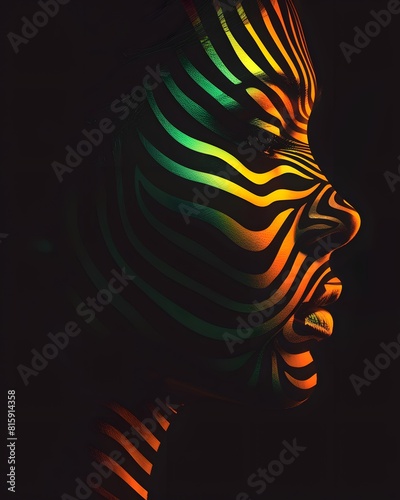 silhouette of woman face with zebra pattern on black background