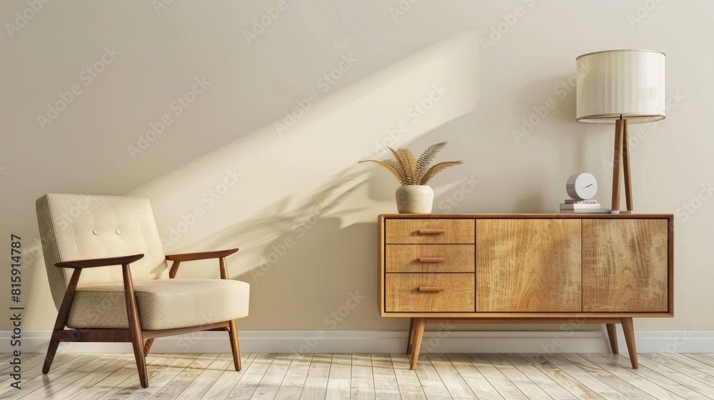 Mid-century modern living room with wooden furniture, neutral tones, and stylish decor, great for sophisticated and timeless interior design.