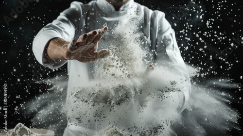 Cook preparing flour for baked goods, chefs hand slams sending white dust flying photo