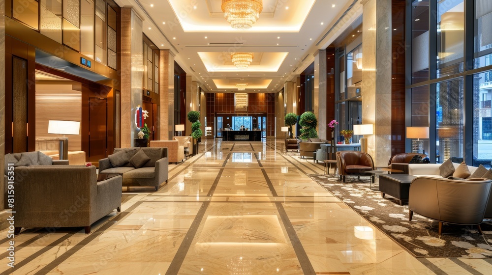 Luxurious hotel lobby with spacious seating area, elegant decor, and grand lighting, perfect for high-end hospitality brochures. Luxurious hotel lobby with spacious seating area, elegant decor, and grand lighting, perfect for high-end hospitality brochures.
