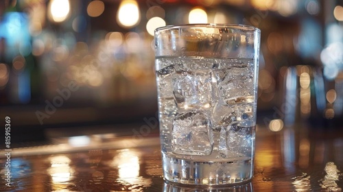 Sparkling water in a glass on a bar counter