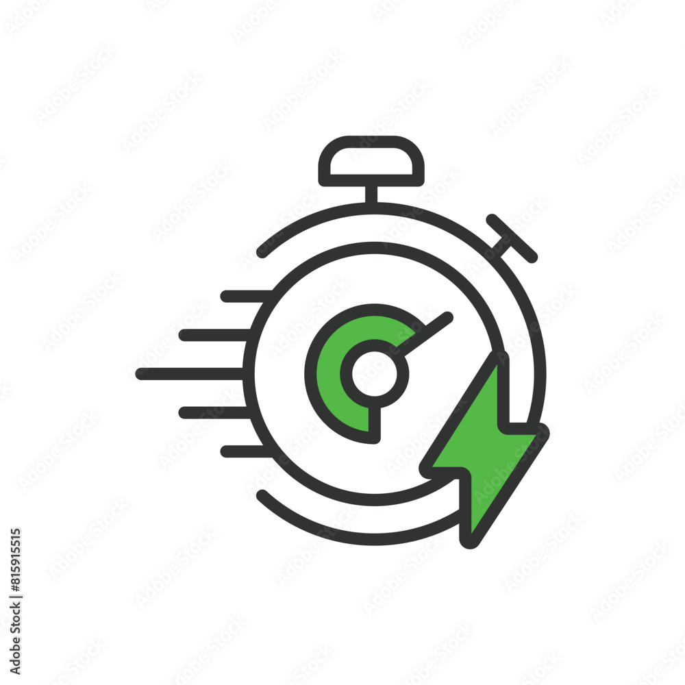 Fast recharging, in line design, green. Fast, recharging, quick, rapid, speed, swift, efficient on white background vector. Fast recharging editable stroke icon.