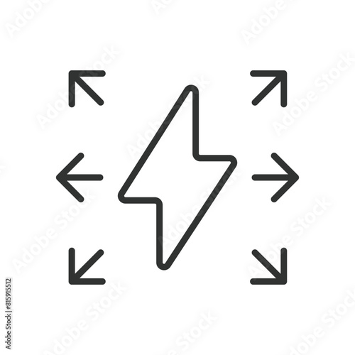 Energy export, in line design. Energy, export, power, electricity, renewable, grid, network on white background vector. Energy export editable stroke icon.