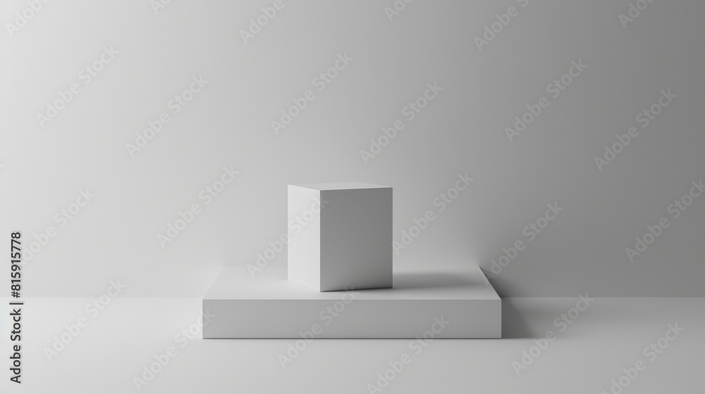 A simple and clean design featuring a white cube placed symmetrically on a raised platform against a light background. A simple and clean design featuring a white cube placed symmetrically on a raised platform against a light background.