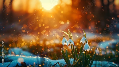 Colorful spring background with beautiful snowdrop galanthus nivalis in a sunset forest scene photo
