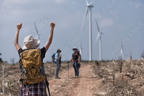 group of trekking adventure. group of people hiking in the mountains. group of people hiking.	