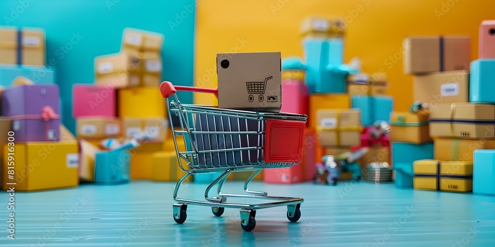 Colorful E commerce Display with Shopping Cart and Packages in Studio Setting