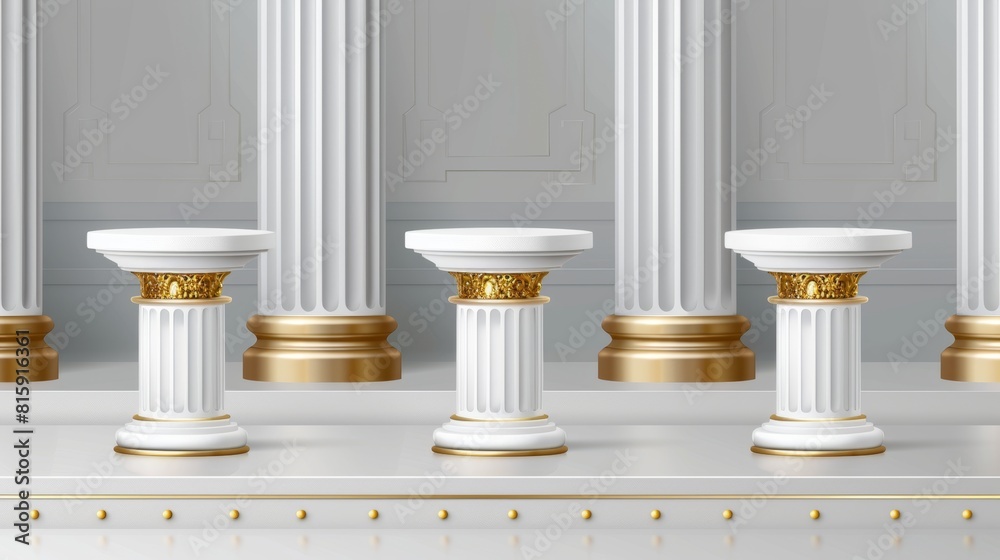 There are flat white pedestals or podiums with gold, glass, and silver decor. There are abstract empty museum stages, exhibit displays. There are round and square blank product stands or pillars in There are flat white pedestals or podiums with gold, glass, and silver decor. There are abstract empty museum stages, exhibit displays. There are round and square blank product stands or pillars in