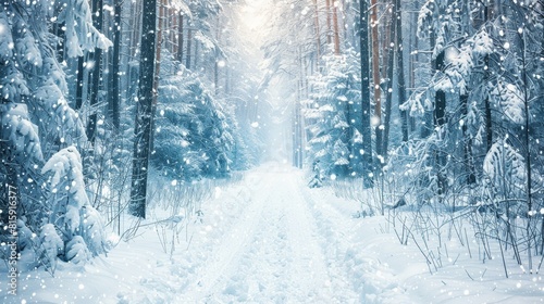 Serene winter forest scene with sunlight and falling snow, suitable for seasonal advertising or holiday themes.