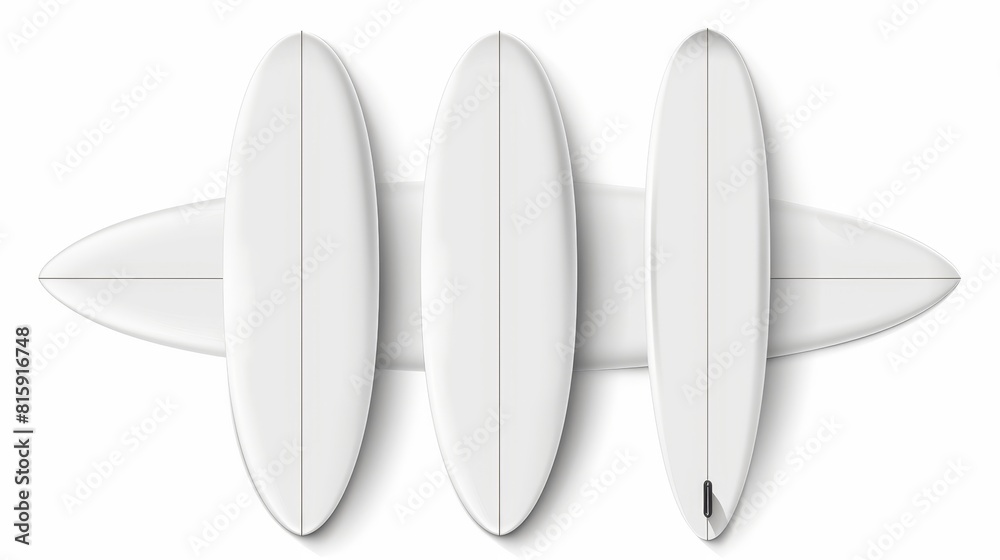Mockup of white surfboard front, side, and back views for summer beach activity, surfing on sea waves. Mockup of white surfboard isolated on white background. Mockup of white surfboard front, side, and back views for summer beach activity, surfing on sea waves. Mockup of white surfboard isolated on white background.