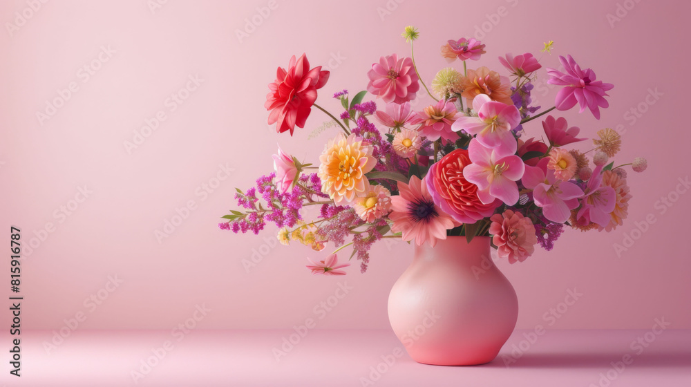 A diverse and radiant assortment of flowers bursts from a matte pink vase, set against a harmonious pastel pink background.