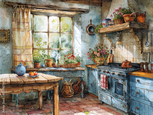 a cozy kitchen with a large window, a wooden table, and a blue stove. The walls are decorated with plates and pots. © Stone Story