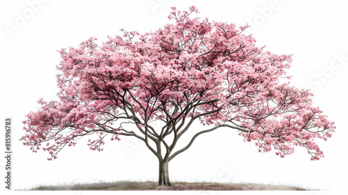 Photo realistic of delicate Dogwood tree with white flowers and broad leaves isolated on white background, ideal for spring gardens and decorative designs © Gohgah