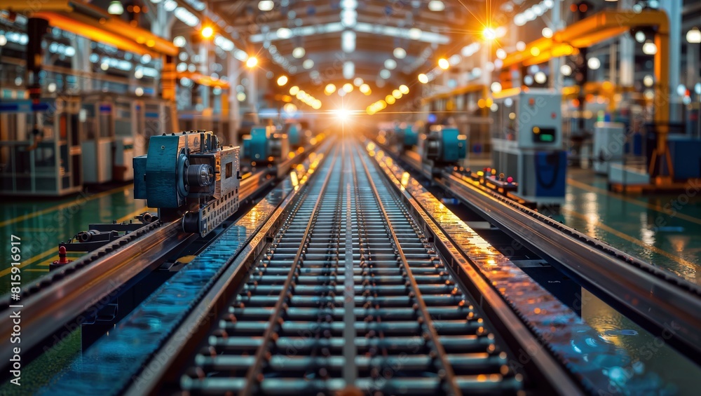 The image showcases a modern industrial setting with railway tracks and machinery, bathed in warm and cool lighting that creates a visually striking and dynamic scene.