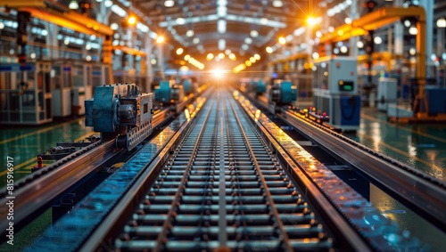 The image showcases a modern industrial setting with railway tracks and machinery  bathed in warm and cool lighting that creates a visually striking and dynamic scene.