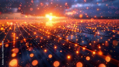 This abstract image portrays a futuristic cityscape or digital landscape at night, with glowing particles and interconnected lines resembling a complex network or circuitry. photo