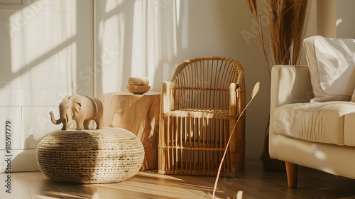 Stlish interior of living room with rattan armchair wooden stool elephant figure and decoration in modern home decor Copy space Template : Generative AI photo