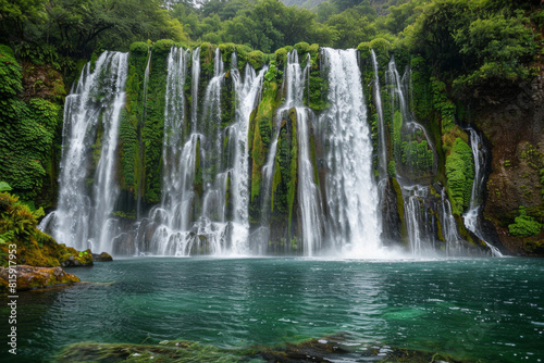 A spectacular waterfall plunging into an emerald pool below, surrounded by verdant foliage, moss-covered rocks, and misty spray, creating a mesmerizing tableau of natural beauty and aquatic splendor. 
