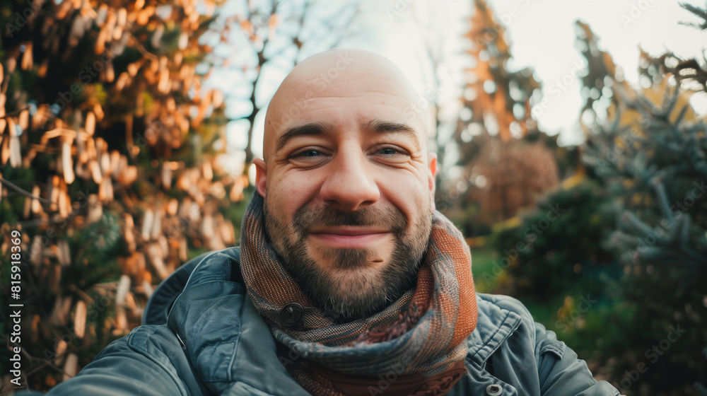 Smiling bald man with a beard wearing a scarf, taking a selfie in a park with autumn foliage.