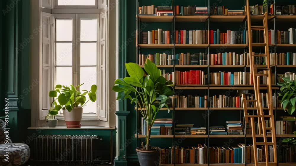 Video animation of cozy and well-lit room with a large window that allows natural light to illuminate the space. A tall bookshelf stands against one of the walls Video animation of cozy and well-lit room with a large window that allows natural light to illuminate the space. A tall bookshelf stands against one of the walls