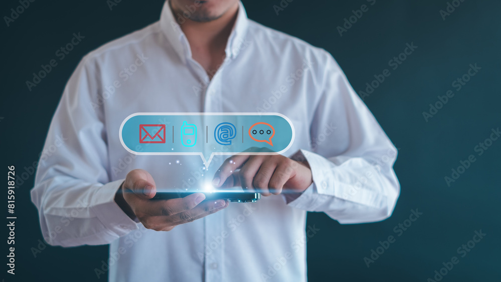 Businessman touching on virtual screen with the email, address, call phone, Chat message icons. Customer support hotline Contact us people connection. Businessman touching on virtual screen with the email, address, call phone, Chat message icons. Customer support hotline Contact us people connection.