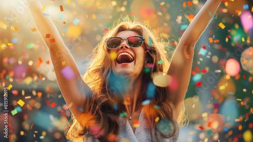 Woman celebrating with confetti, arms raised, wearing sunglasses