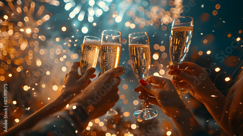 Friends joyfully celebrating New Years Eve with countdown and fireworks, ushering in the new year with excitement, togetherness, and hope   Photo Stock Concept photo