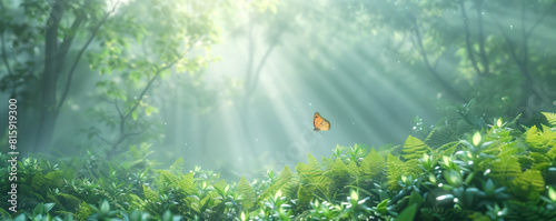 Panoramic illustration of the sunrise in wild forest. Love of nature concept.