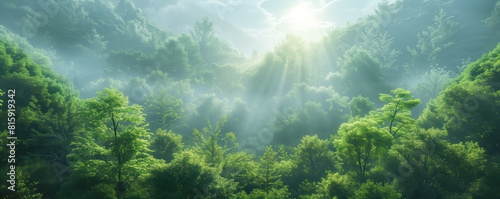 Panoramic illustration of the sunrise in wild forest. Love of nature concept. © LeManna