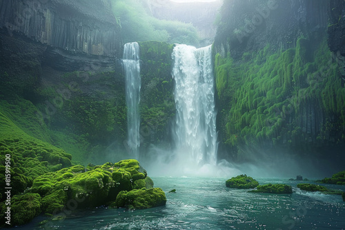 A spectacular waterfall plunging into an emerald pool below  surrounded by verdant foliage  moss-covered rocks  and misty spray  creating a mesmerizing tableau of natural beauty and aquatic splendor. 