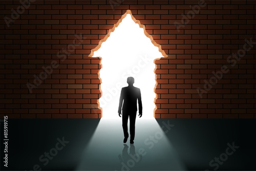 Man walks through a broken brick wall into the light. Stock vector illustration