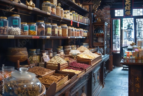 Traditional Chinese medicine shop with various herbal remedies photo