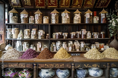 Traditional Chinese medicine shop with various herbal remedies