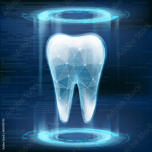Human tooth on modern technology background. Teeth whitening and treatment. Stock vector illustration