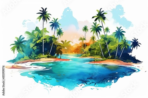 tropical island flat design top view paradise theme water color vivid