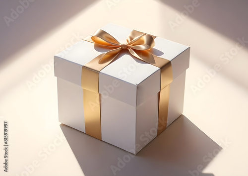 Białe pudełko prezentowe ze złotą wstążką oświetlone naturalnym światłem na neutralnym tle.